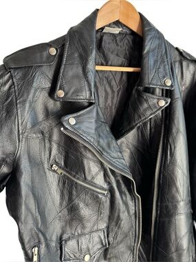 Vintage Black Leather Patchwork Moto Jacket Mens Large Biker Motorcycle Belted